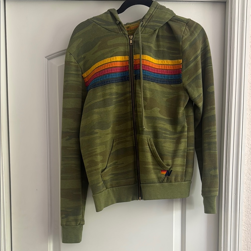 Aviator Nation Camouflage Hoodie with Rainbow Stripes